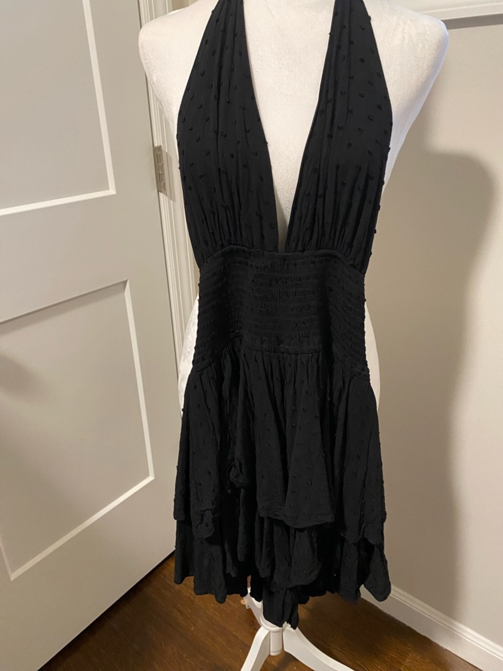 Black Halter Smocked Waist Tiered Romper